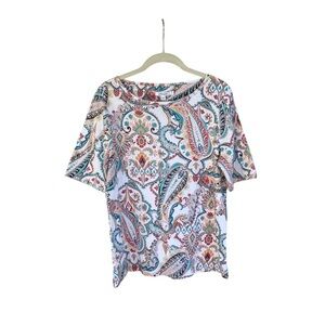 Chico’s T-Shirt Top Size 2/L Paisley Pima Cotton Multicolor Boho Short Sleeve